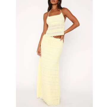 JINZIYINZI Two Piece Maxi Skirt Set Women Y2k Sexy Lace Sheer Halter Top and Smocked Pleated Long Maxi Sets 2 Piece Going Out Matching Outfits