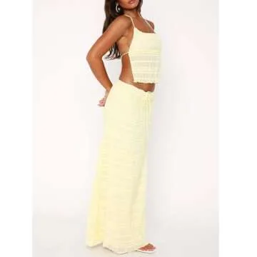 JINZIYINZI Two Piece Maxi Skirt Set Women Y2k Sexy Lace Sheer Halter Top and Smocked Pleated Long Maxi Sets 2 Piece Going Out Matching Outfits