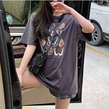 Meladyan Women’s Oversize Graphic Printed Loose Tee Short Sleeve Round Neck Loose Tshirt Tops Grey