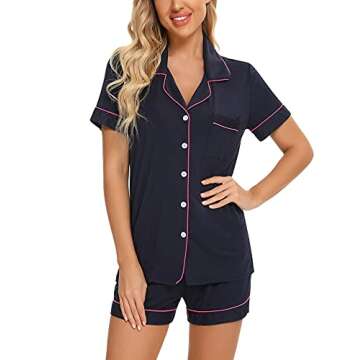Stylish Women's Shorts Pajama Set Short Sleeve Nightwear in Navy Blue