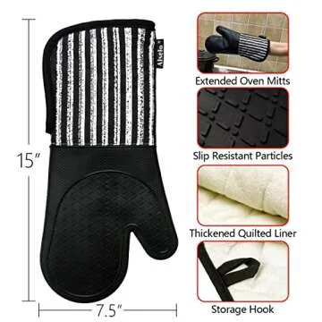 Alselo Silicone Oven Mitts Heat Resistant 932℉ with Waterproof & Non-Slip Kitchen Mittens, Set of 2 Extra Long Oven Gloves with Soft Cotton Terry Lining for Baking Cooking Barbecue (2, Black Mitts)