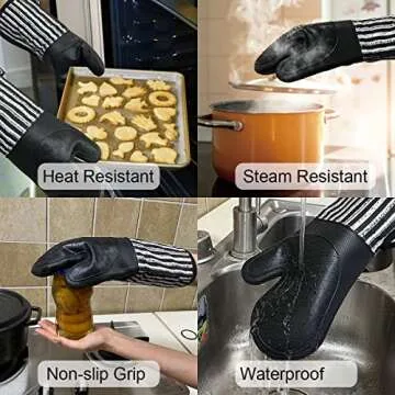 Alselo Silicone Oven Mitts Heat Resistant 932℉ with Waterproof & Non-Slip Kitchen Mittens, Set of 2 Extra Long Oven Gloves with Soft Cotton Terry Lining for Baking Cooking Barbecue (2, Black Mitts)
