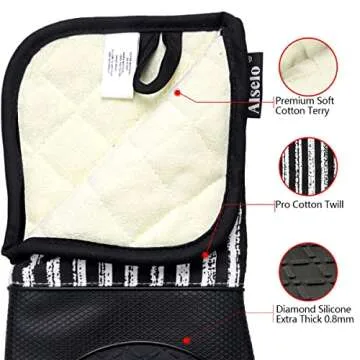 Alselo Silicone Oven Mitts Heat Resistant 932℉ with Waterproof & Non-Slip Kitchen Mittens, Set of 2 Extra Long Oven Gloves with Soft Cotton Terry Lining for Baking Cooking Barbecue (2, Black Mitts)