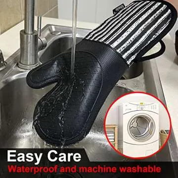 Alselo Silicone Oven Mitts Heat Resistant 932℉ with Waterproof & Non-Slip Kitchen Mittens, Set of 2 Extra Long Oven Gloves with Soft Cotton Terry Lining for Baking Cooking Barbecue (2, Black Mitts)
