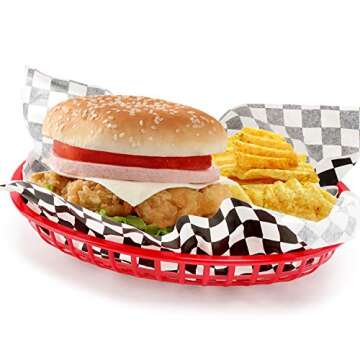 EUSOAR 9.4in x 5.9in Red Oval Plastic Food Serving Baskets, 24pcs Reusable Microwave & Dishwasher Safe, Great for Burger, Fries, Sandwiches