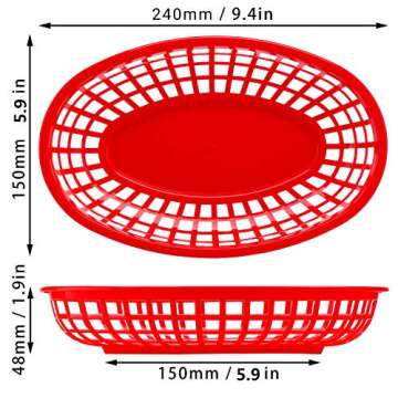 EUSOAR 9.4in x 5.9in Red Oval Plastic Food Serving Baskets, 24pcs Reusable Microwave & Dishwasher Safe, Great for Burger, Fries, Sandwiches