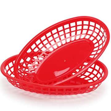 EUSOAR 9.4in x 5.9in Red Oval Plastic Food Serving Baskets, 24pcs Reusable Microwave & Dishwasher Safe, Great for Burger, Fries, Sandwiches