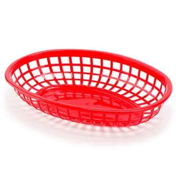 EUSOAR 9.4in x 5.9in Red Oval Plastic Food Serving Baskets, 24pcs Reusable Microwave & Dishwasher Safe, Great for Burger, Fries, Sandwiches