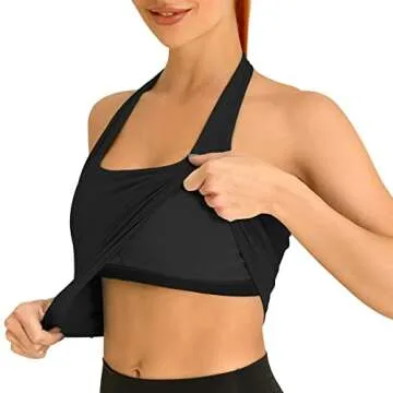H-Quenby Halter Sports Bras for Women Backless Crop Bras Top with Built in Bra for Yoga Running Fitness Black