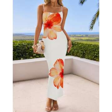 ZESICA Women’s Summer Bodycon Maxi Dresses 2025 Floral Spaghetti Strap Square Neck Sleeveless Boho Beach Long Dresses,Orange,Small