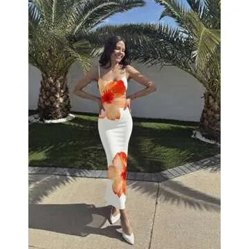 ZESICA Women’s Summer Bodycon Maxi Dresses 2025 Floral Spaghetti Strap Square Neck Sleeveless Boho Beach Long Dresses,Orange,Small