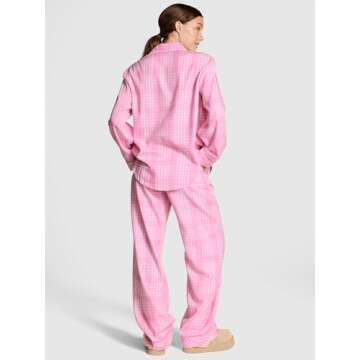 Victoria's Secret PINK Flannel Pajama Set, Long Sleeve Button Down Shirt & Pants, Sleepwear for Women, Moonstone Pink Plaid (XL)