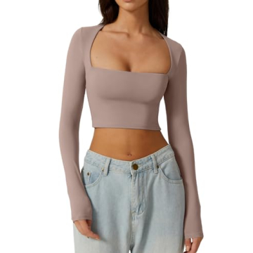 QINSEN Women's Sexy Square Neck Long Sleeve Crop Top - Rose Taupe S