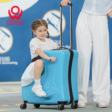 N-A AO WEI LA OW Duffel Bag for Kids Ride-On Suitcase Carry-On Luggage with Wheels (Blue, 20 Inch（suggest 1-6 years old)