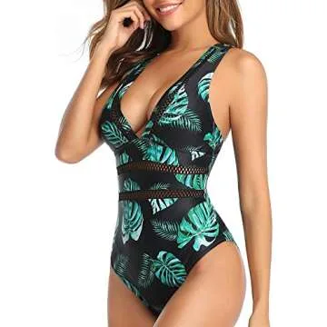 Tempt Me Black Leaf Women Sexy One Piece Swimsuits Deep V Neck Bathing Suits Plunge Hollow Out Swimwear M