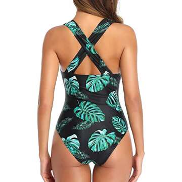 Tempt Me Black Leaf Women Sexy One Piece Swimsuits Deep V Neck Bathing Suits Plunge Hollow Out Swimwear M