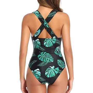 Tempt Me Black Leaf Women Sexy One Piece Swimsuits Deep V Neck Bathing Suits Plunge Hollow Out Swimwear M