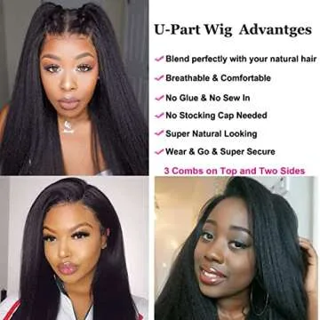 UNice Hair 10A Kinky Straight U Part Wig Human Hair for Women Brazilian Remy Human Hair Upart Wig Glueless Human Hair Beginner Friendly Wig No Glue No Sew In 150% Density Natural Color (20 inch)