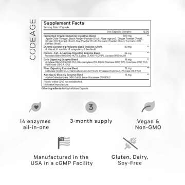 Codeage Fermented Digestive Enzymes Supplement 3-Month Supply - 14 Digestive Enzymes, Probiotics, Prebiotics, Fermented Botanicals, Plant-Based Multi Pancreatic Enzymes - 1 Capsule a Day - 90 Capsules