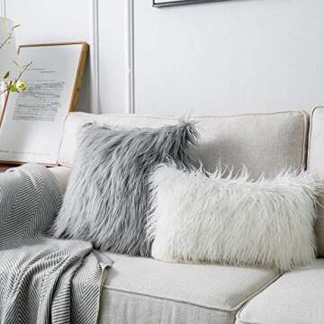 LANANAS Luxury Soft Plush Faux Fur Throw Pillow Covers for Couch Decorative Mongolian Fur Throw Pillow Covers (12''X20'', Off-White)