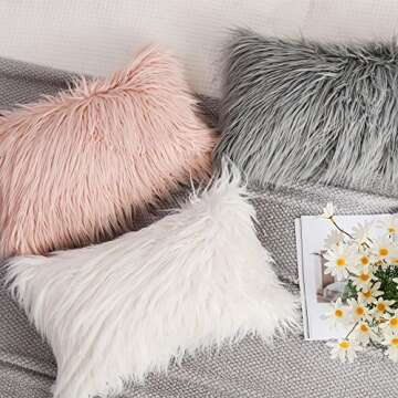 LANANAS Luxury Soft Plush Faux Fur Throw Pillow Covers for Couch Decorative Mongolian Fur Throw Pillow Covers (12''X20'', Off-White)