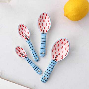 Ceramic Measuring Spoons Set of 4 for Cooking and Baking Dry and Liquid Ingredients Blue+Red