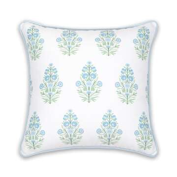 Hofdeco Premium Coastal Patio Indoor Outdoor Throw Pillow Cover Only, 18"x18" Water Repellent for Backyard, Couch, Baby Blue Green Floral with Piping