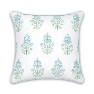 Hofdeco Premium Coastal Patio Indoor Outdoor Throw Pillow Cover Only, 18"x18" Water Repellent for Backyard, Couch, Baby Blue Green Floral with Piping