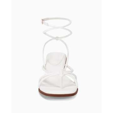 Coutgo Womens Strappy Heels Sandals Thong Gladiator Square Open Toe Low Kitten Heeled Criss Cross Ankle Strap Summer Dress Wedding Shoes, White, Size 5