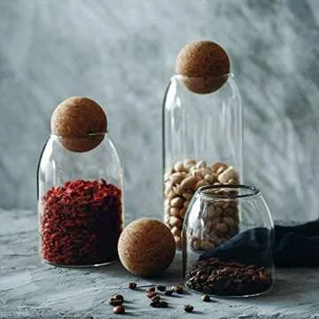 MOLADRI 500ML/16Oz Clear Glass Storage Cute Canister Holder Ball Wood Cork Top, Modern Decorative Cylinder Container Jar with Round Lid for Coffee, Spice, Candy, Salt, Cookie Cool Terrarium Bottle