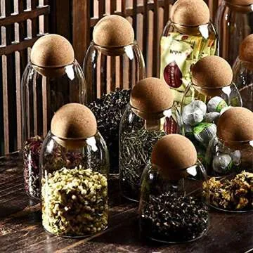 MOLADRI 500ML/16Oz Clear Glass Storage Cute Canister Holder Ball Wood Cork Top, Modern Decorative Cylinder Container Jar with Round Lid for Coffee, Spice, Candy, Salt, Cookie Cool Terrarium Bottle