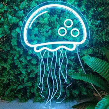 welltodo Jellyfish Neon Signs,Cool Ice Blue Neon Sign for Wall Décor, LED Neon Light Sign for Girls Bedroom Ocean Display Room,Kids Birthday Gift, Wedding Party, Holiday Decoration Powered by USB