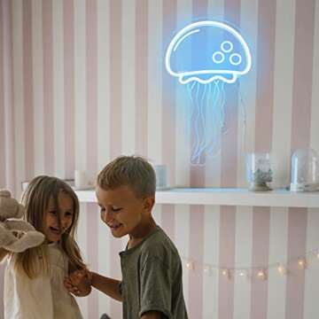 welltodo Jellyfish Neon Signs,Cool Ice Blue Neon Sign for Wall Décor, LED Neon Light Sign for Girls Bedroom Ocean Display Room,Kids Birthday Gift, Wedding Party, Holiday Decoration Powered by USB