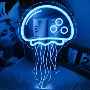 welltodo Jellyfish Neon Signs,Cool Ice Blue Neon Sign for Wall Décor, LED Neon Light Sign for Girls Bedroom Ocean Display Room,Kids Birthday Gift, Wedding Party, Holiday Decoration Powered by USB