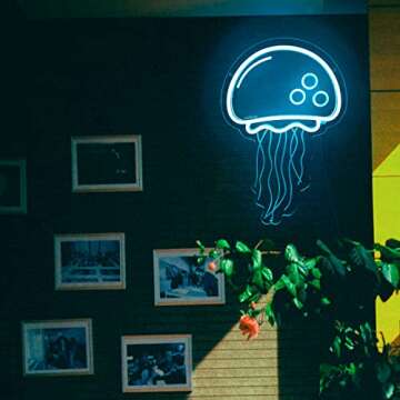 welltodo Jellyfish Neon Signs,Cool Ice Blue Neon Sign for Wall Décor, LED Neon Light Sign for Girls Bedroom Ocean Display Room,Kids Birthday Gift, Wedding Party, Holiday Decoration Powered by USB