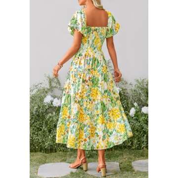 PRETTYGARDEN Women's Casual Summer Midi Dress Puffy Short Sleeve Square Neck Smocked Tiered Ruffle Dresses (Floral Yellow,XX-Large)