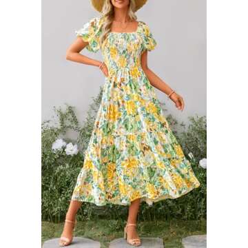 PRETTYGARDEN Women's Casual Summer Midi Dress Puffy Short Sleeve Square Neck Smocked Tiered Ruffle Dresses (Floral Yellow,XX-Large)