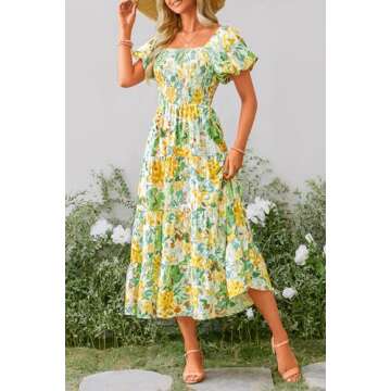 PRETTYGARDEN Women's Casual Summer Midi Dress Puffy Short Sleeve Square Neck Smocked Tiered Ruffle Dresses (Floral Yellow,XX-Large)