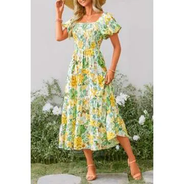 PRETTYGARDEN Women's Casual Summer Midi Dress Puffy Short Sleeve Square Neck Smocked Tiered Ruffle Dresses (Floral Yellow,XX-Large)