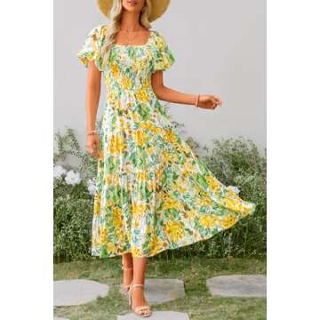 PRETTYGARDEN Women's Casual Summer Midi Dress Puffy Short Sleeve Square Neck Smocked Tiered Ruffle Dresses (Floral Yellow,XX-Large)