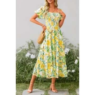 PRETTYGARDEN Women's Casual Summer Midi Dress Puffy Short Sleeve Square Neck Smocked Tiered Ruffle Dresses (Floral Yellow,XX-Large)