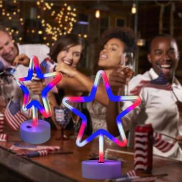 4th of July Decorations, 2PCS Red White and Blue Lights, Big LED Neon Star Patriotic Lights, USB & Battery Powered Night Light for Independence Day Memorial Day Home Bar Table Centerpiece Decor