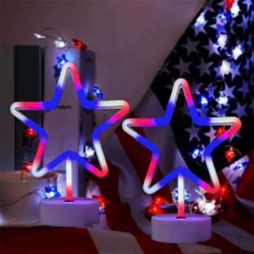 4th of July Decorations, 2PCS Red White and Blue Lights, Big LED Neon Star Patriotic Lights, USB & Battery Powered Night Light for Independence Day Memorial Day Home Bar Table Centerpiece Decor