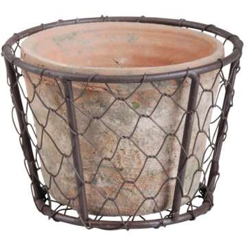 Aged Terra Cotta Pot with Metal Basket for Plants