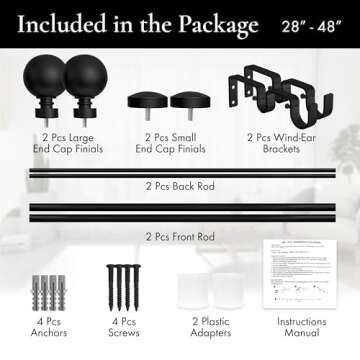 Meriville 1-Inch Diameter Ball Telescoping Double Window Treatment Curtain Rod Set