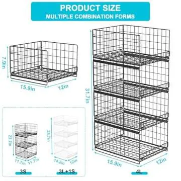 Hongtamoya 4-tier Sliding Closet Organizers and Drawer Shelves, Stackable Storage Bins for Jean Pants and Sweaters, Metal Drawer Slid Clothes Storage Container, Closet Organizers for Clothes - Black