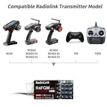Radiolink R4FGM V2.2 4 Channels Tiny RC Gyro Receiver for Mini RC Cars 1/28 and Boats, 3-10V High Voltage Servo Support, Long Control Distance for Radio RC8X RC4GS V3/RC6GS V3/T8S/T8FB