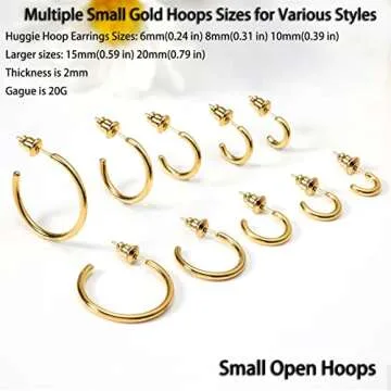 Small Gold Hoop Earrings for Women: 14K Gold Huggie Hoop Earrings Tiny Gold Thin Hoop Earrings Minimalist Open Hoops for Women (Set of 1-5 Pairs) (14K Gold - 6mm/8mm/10mm/15mm/20mm)