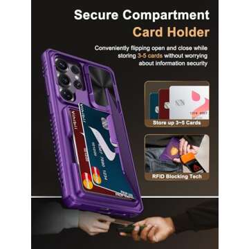 Vihibii for Samsung Galaxy S25 Ultra Wallet Case, Built-in Card Holder (4 Cards), [RFID Blocking] & Slide Camera Lens Protective Cover, Heavy Duty Phone Cover for Samsung Galaxy S25 Ultra, Dark Purple