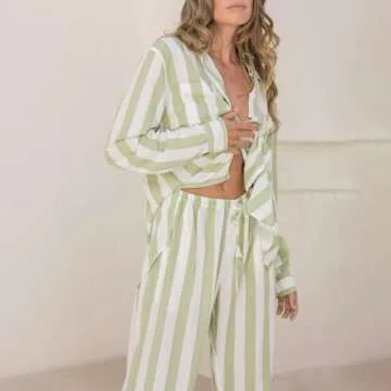 Argeousgor Women Y2k 2 Piece Pajamas Sets Striped Long Sleeve Button Down Shirt Top Straight Wide Leg Pants Lounge Outfits (Green, M)
